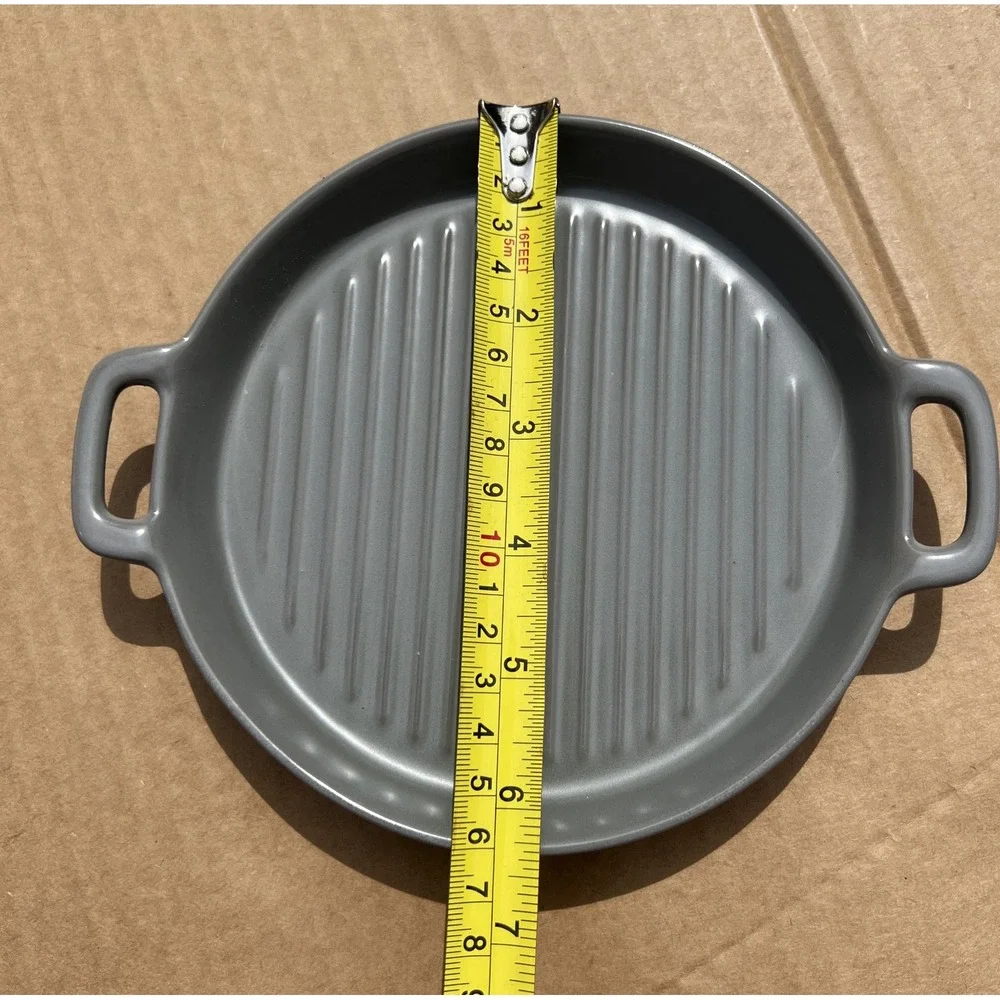 Modern Gray Ceramic Grill Pan Casserole‎ Dish with Handles, Round Gratin Baker